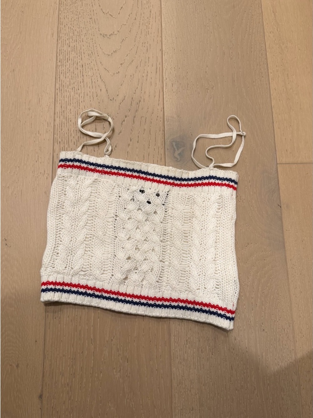 LE SUPERB Cream Cable Knit Tube Top with Red & Blue Stripes